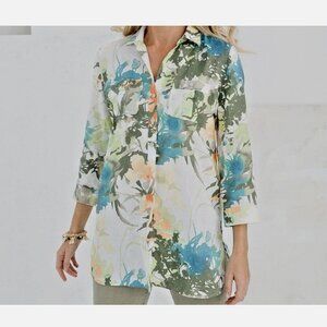 Chico's No-Iron 100% Linen Floral Paradise Women's Tunic Top SZ 0 US 4 Small